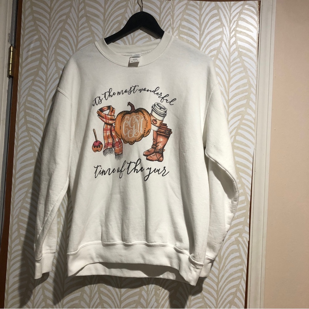 United Monograms Viral Mongrammed White and Orange Fall Sweatshirt